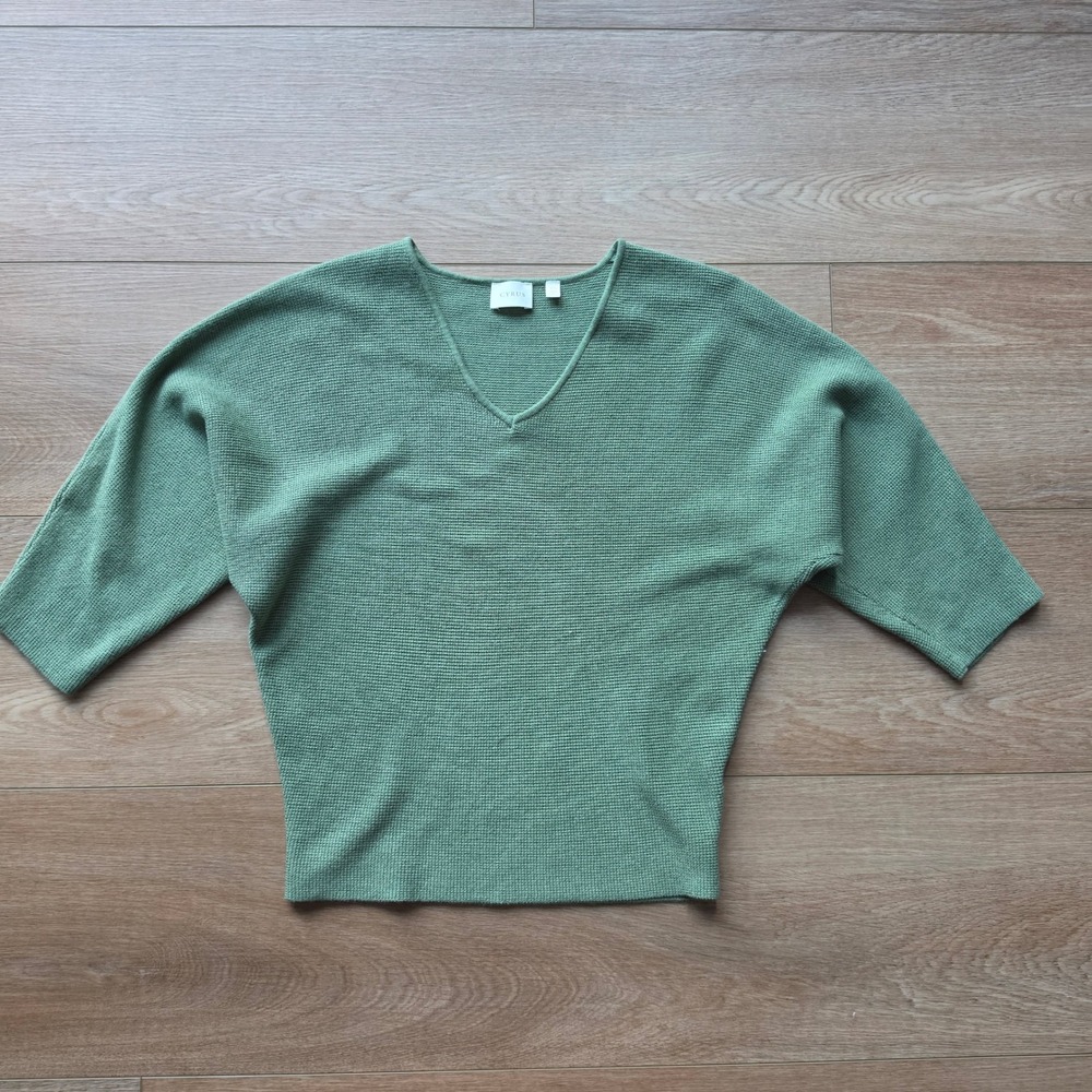 Cyrus Womens Sage Green V-Neck Batwing Sleeve Ribbed Knit Sweater XS